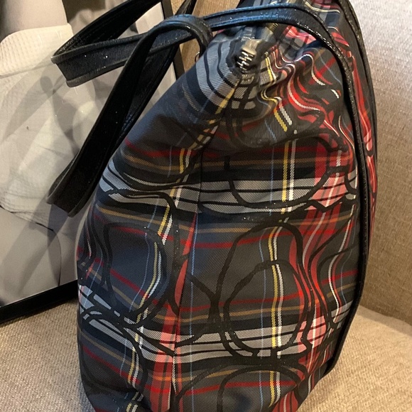 Coach Poppy Glam Tartan Plaid Large red & black Tote. Double Front Zipper - Picture 9 of 16